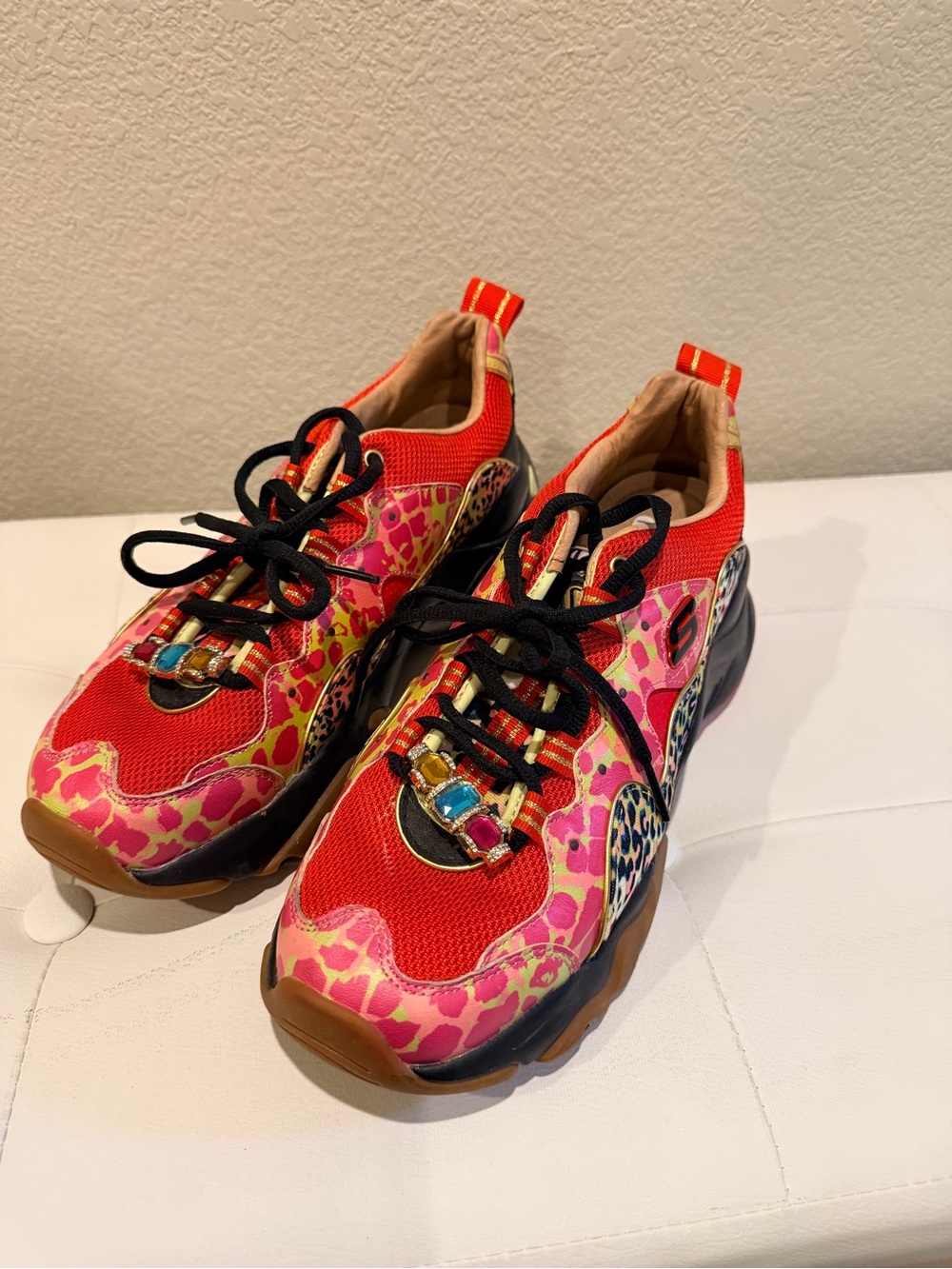 SKECHERS Jeweled Leopard Floral Chunky Sneakers Air-Cooled Memory Foam